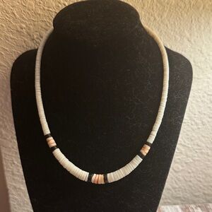 VTG white puka shell necklace with black and pink/coral accent beads EUC